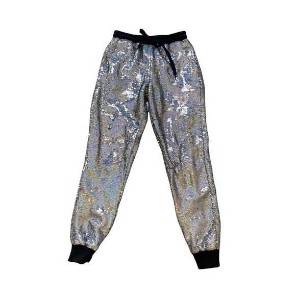 Glamorous Pants - Women Sequin Holographic Sweatpant Size XS Rainbow Silver Jogger Pant Festival